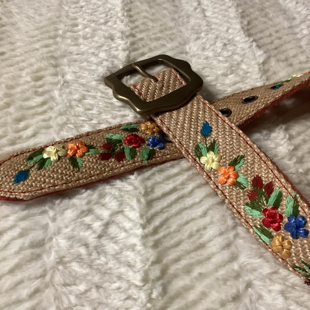 BEAUTIFUL Jute With Genuine Leather Brass Buckle Floral Owl Print Women’s Belt28 - Picture 3 of 9